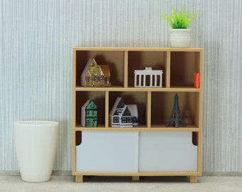 Modern Dollhouse Miniature Bookshelf with Sliding Doors - 1:12 Scale