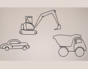 May include: Black wire art of three vehicles: a car, an excavator, and a dump truck. The minimalist designs are created with a single continuous line, set against a neutral background. The excavator's arm is raised, and the dump truck has large wheels.