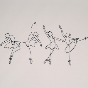 May include: A minimalist artwork depicting four ballet dancers in various poses. Each dancer is rendered with a continuous black line, highlighting their form with elegant simplicity. The dancers wear tutus and pointe shoes.