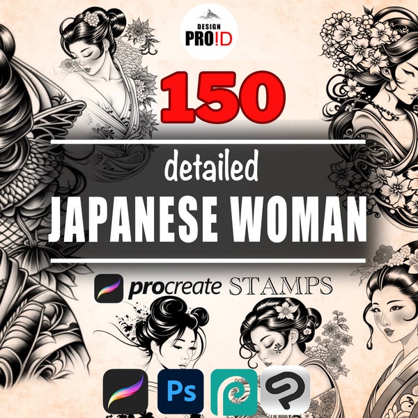 150 Geisha Procreate Brush Stamps, photoshop Geisha Stamp Set, JAPANES WOMEN PROCREATE, Stencil Stamps Digital for iPad, clip studio paint