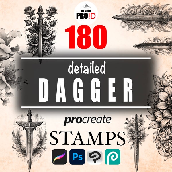 Traditional Procreate Stamp Set, Dagger Brush Stamps for Procreate, 180 Ornate Dagger, Sword, Knife Brush Stamps, Digital Brush pack