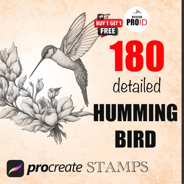 180 Procreate Hummingbird Stamps, a bundle of Procreate Stamp Brushes, and an immediate digital download