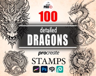 100 DRAGON BRUSH pour Procreate / Photoshop / Clip Studio Paint / photopea / Dragon Stamps / Téléchargement numérique / Dragon Procreate stamps