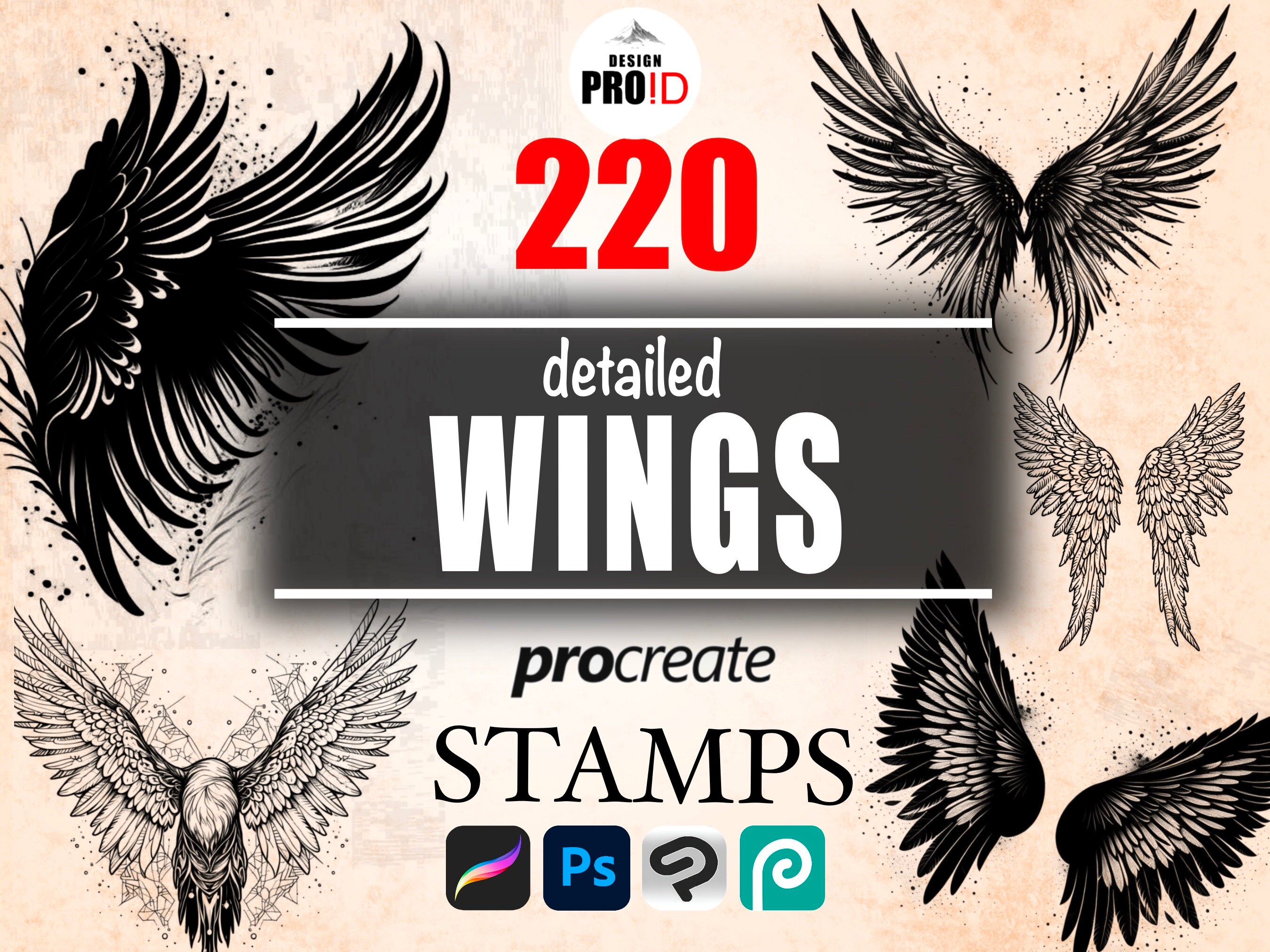 220 WINGS BRUSH for Procreate, Photoshop, Clip Studio Paint, angel wings procreate stamps brushes, wings brush for procreate