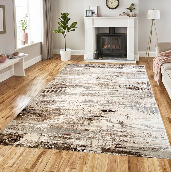 Living Room Rugs Luxury Silky Pile Modern Plain Cream Brown Etsy UK