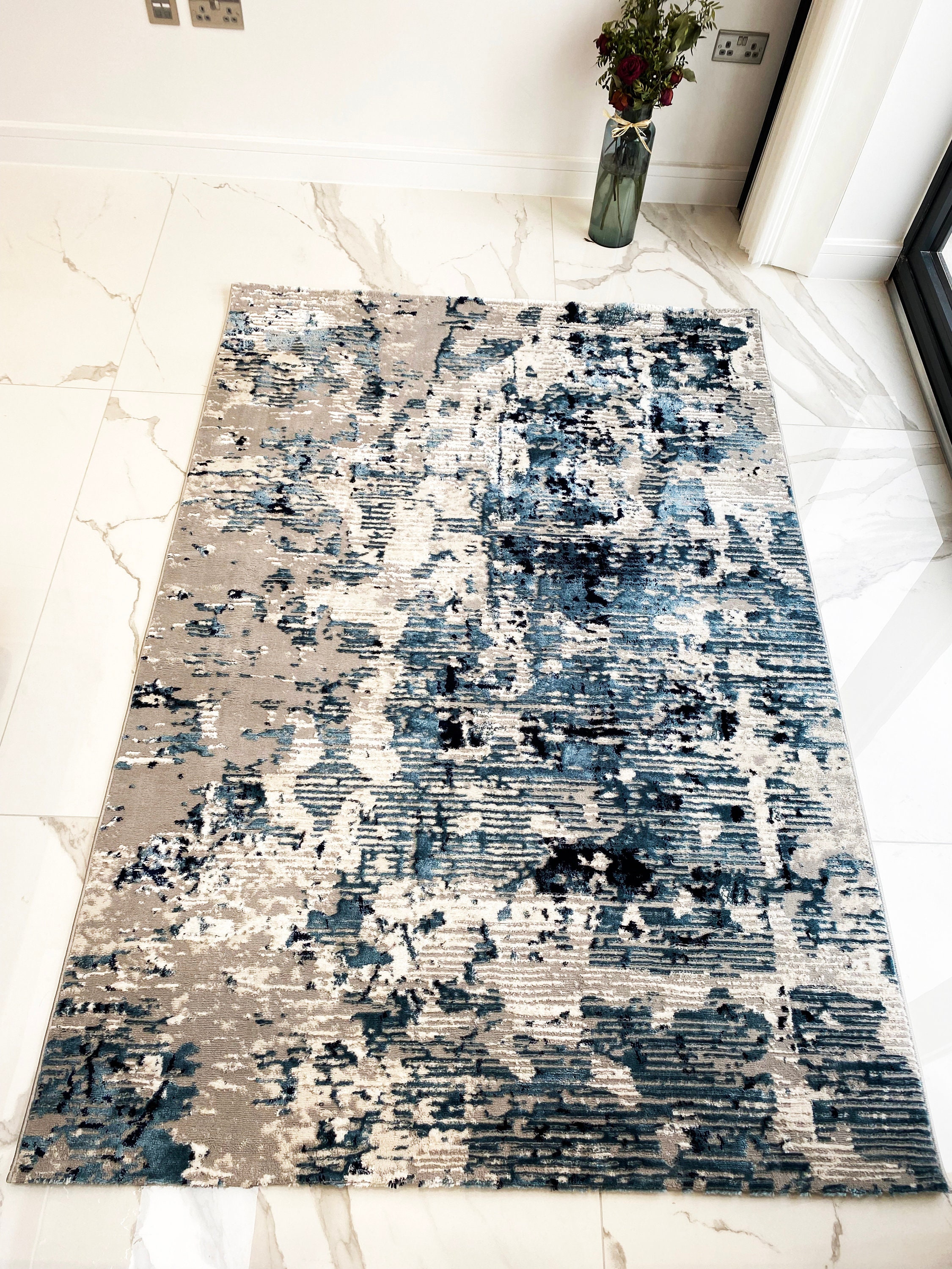 BLUE / GREY Modern Abstract Small Extra Large Floor Carpets Rugs Mats  Distressed Carpet for All Area, Bedrooms, Living Room ,kitchens. 