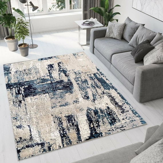 BLUE / GREY Modern Abstract Small Extra Large Floor Carpets Rugs Mats  Distressed Carpet for All Area, Bedrooms, Living Room ,kitchens. 