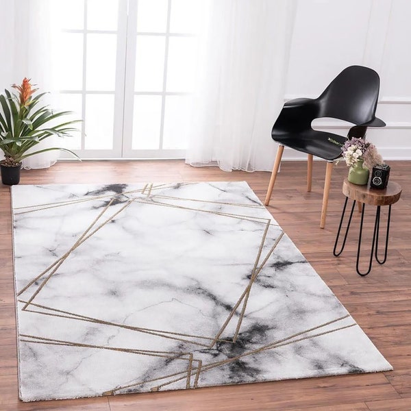 Modern Marble Effect Rugs Grey Shiny Gold Small Extra Large Soft Floor Carpets