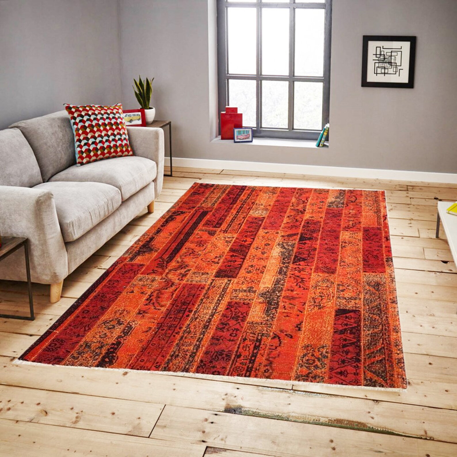 Living Room Rugs Mat Kilim Bright Orange Colour Mix Patchwork Etsy
