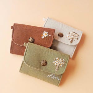 Cartera de lino bordada a mano para mujer, cartera personalizada, cartera bordada personalizada, cartera pequeña, cartera para tarjetas, cartera floral, cartera con cremallera