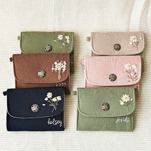Cartera de lino bordada a mano para mujer, Cartera personalizada, Cartera bordada personalizada, Cartera pequeña, Cartera para tarjetas, Cartera floral, Cartera de tela