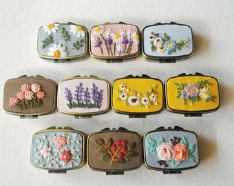 Hand-Embroidered Floral Pill Box: Linen Travel Medicine Holder