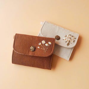 Cartera de lino bordada a mano para mujer, Cartera personalizada, Cartera bordada personalizada, Cartera pequeña, Cartera para tarjetas, Cartera floral, Cartera de tela