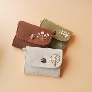 Cartera de lino bordada a mano para mujer, cartera personalizada, cartera bordada personalizada, cartera pequeña, cartera para tarjetas, cartera floral, cartera con cremallera
