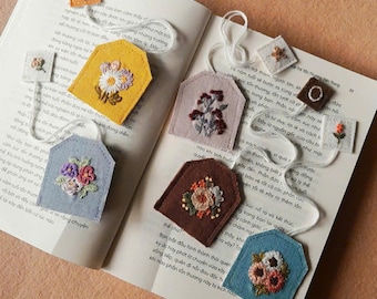 Hand Embroidered Floral Tea Bag Bookmark, Fabric Gift
