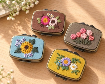Hand Embroidered Pill Box, Floral Medicine Case, Christmas Gift for Her, Travel Pill Holder, Stocking Stuffer