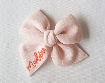 Light Pink Custom name hand embroidered baby bow,personalized name bow,hand embroidered tied bow,name bow,baby gift girl personalized,