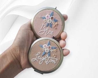 Custom name Floral Hand embroidered compact mirror, personalized Makeup mirror, Pocket mirror |compact mirror| Gift for her| Bridesmaid gift