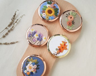Hand Embroidered Floral Compact Mirror: Rose Gold Makeup Mirror