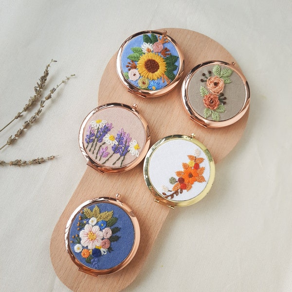 Floral Hand Embroidered Compact Mirror: Rose Gold Makeup Mirror
