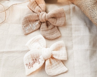 Custom Name Hand Embroidered Muslin Baby Bow