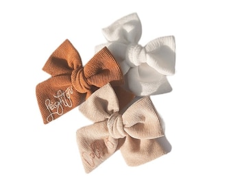 Custom Name Baby Bow: Hand Embroidered Muslin Headband or Clip