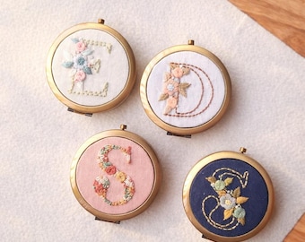 Personalized Embroidered Pill Box , Floral Initial Medicine Case with Mirror, 3 Compartment Vintage Pill Holder, Handmade Gift for Her