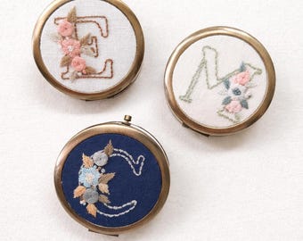 Embroidered Initial Pill Box, Floral Design, Vintage Style Medicine Case