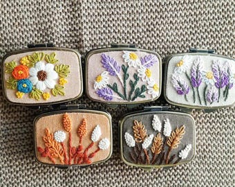Hand Embroidered Pill Box: Linen Floral Medicine Organizer