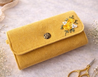 Embroidered Corduroy Floral Wallet: Handmade Women's Card Holder