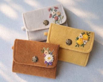 Embroidered Corduroy Wallet: Personalized Floral Card Holder