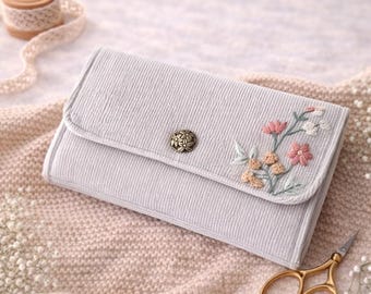 Hand Embroidered Floral Corduroy Wallet, Vintage Style Clutch