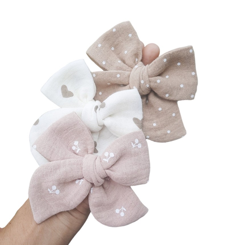 Muslin Bow Large pinwheel bow toddler bow baby bow baby headband neutral tone bow Fall bow Earth tone bow image 1