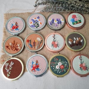 Floral Hand embroidered compact mirror | Makeup mirror | Pocket mirror | Rose gold compact mirror | Gift for her | Bridesmaid gift