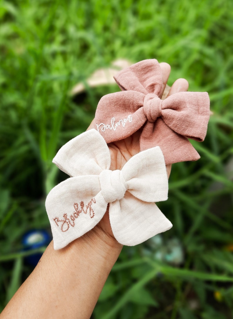 Custom name hand embroidered baby muslin bow,personalized name muslin bow,hand embroidered tied bow,name bow,baby gift girl personalized image 8