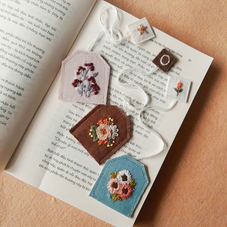 Embroidered Floral Tea Bag Bookmark: Handmade Book Lover Gift - Etsy