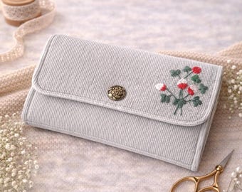 Embroidered Corduroy Floral Wallet: Handmade Women's Card Holder