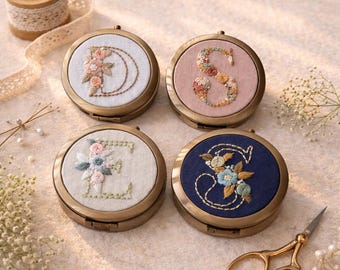 Personalized Embroidered Pill Box , Floral Initial Medicine Case with Mirror, 3 Compartment Vintage Pill Holder, Handmade Gift for Her