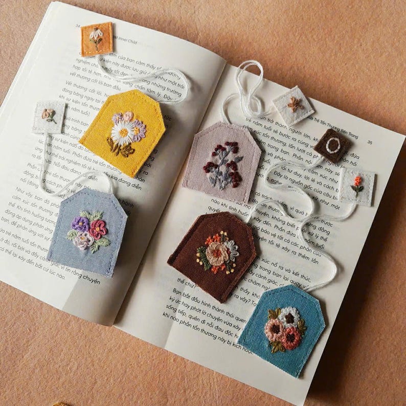 Embroidered Floral Tea Bag Bookmark: Handmade Book Lover Gift - Etsy