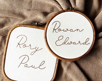 Hand-Embroidered Linen Name Hoop: Custom Nursery Decor