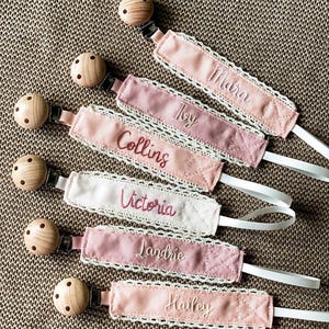 Personalized Embroidered Pacifier Clip: Custom Name, Grosgrain Ribbon, Wooden Clip