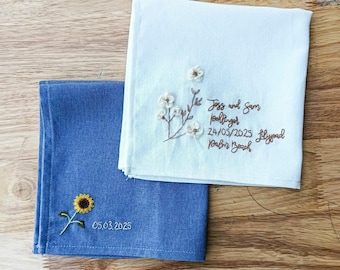 Embroidered Linen Wedding Handkerchief: Custom Floral Gift