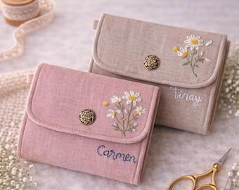 Hand Embroidered Linen Wallet, Personalized Floral Coin Purse
