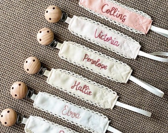 Hand Embroidered Pacifier Clip: Personalized Grosgrain Ribbon, Wooden Clip