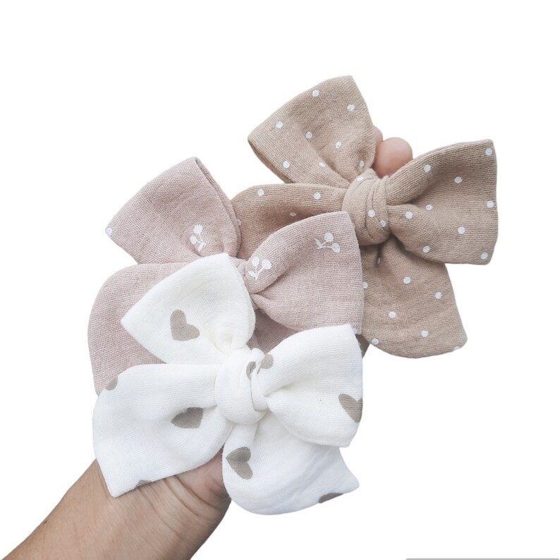 Muslin Bow Large pinwheel bow toddler bow baby bow baby headband neutral tone bow Fall bow Earth tone bow image 2