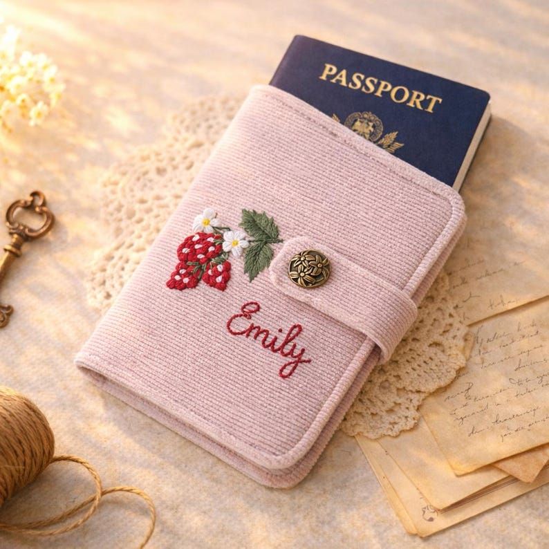 Hand-Embroidered Floral Passport Holder: Personalized Travel Wallet