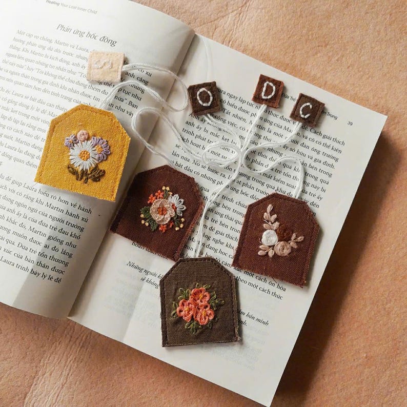 Embroidered Floral Tea Bag Bookmark: Handmade Book Lover Gift - Etsy