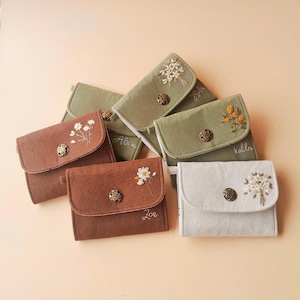Cartera de lino bordada a mano para mujer, Cartera personalizada, Cartera bordada personalizada, Cartera pequeña, Cartera para tarjetas, Cartera floral, Cartera de tela