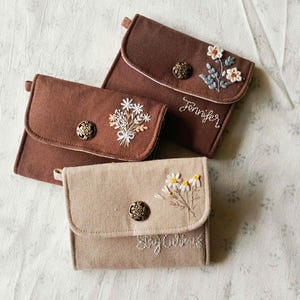 Cartera de lino bordada a mano para mujer, Cartera personalizada, Cartera bordada personalizada, Cartera pequeña, Cartera para tarjetas, Cartera floral, Cartera de tela