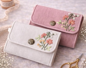 Hand Embroidered Corduroy Card Wallet, Floral Coin Purse